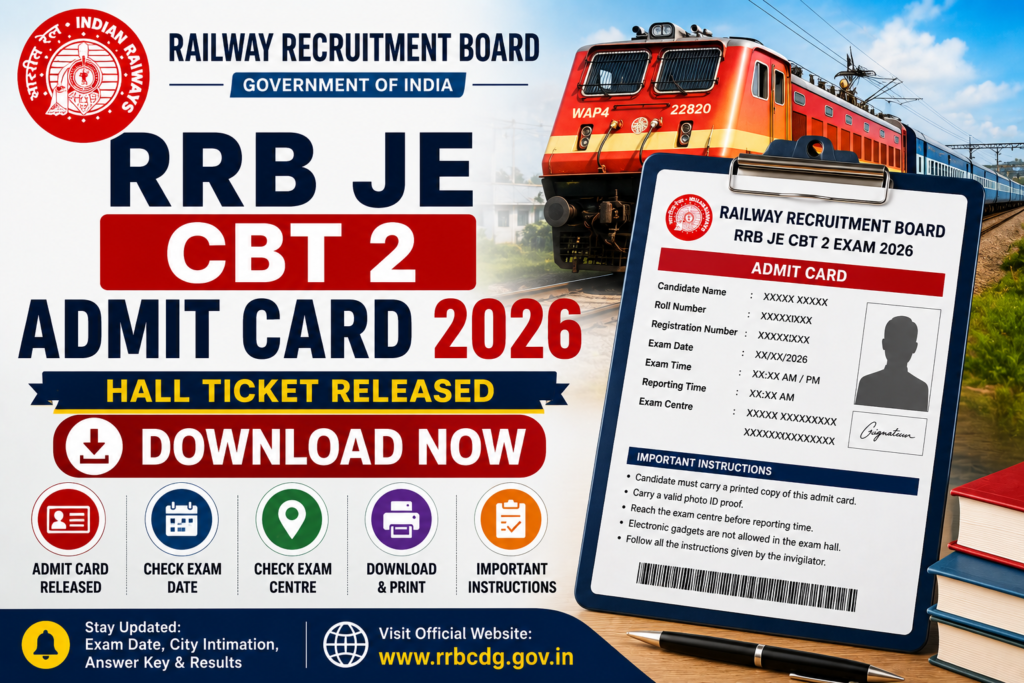 RRB JE CBT 2 Admit Card 2026, RRB JE Admit Card, RRB JE CBT 2 Hall Ticket, RRB JE CBT 2 Exam Date, RRB JE Admit Card Download, Railway JE Admit Card, RRB Junior Engineer Admit Card, RRB JE CBT 2 Call Letter, RRB JE Hall Ticket 2026, RRB JE Recruitment 2026, RRB JE CBT 2 Download Link, RRB JE Exam Center, Railway Recruitment Board Admit Card, RRB JE CBT 2 Exam, RRB JE Selection Process, RRB JE CBT 2 Official Link